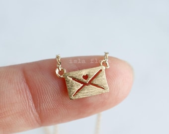 Love Letter Charm, Dainty Brushed Envelope Necklace, Heart Romantic Jewelry, Gold Dipped, Delicate Minimal Jewelry, bridesmaid Gift