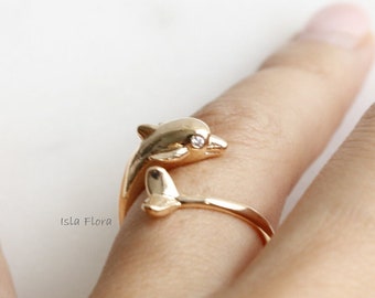 18K Gold Dipped Dolphin Wrap Ring with Cubic Zirconia Eyes, Adjustable Size, Timeless, Detailed, Sparkling, Dainty, Minimalist, Gift