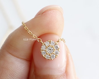 Tiny Paved Double Round Encircled Pendant Necklace, Cubic, Gold Plated, Delicate, Minimalist Jewelry, Bridesmaid Her Gift