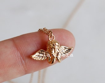 Dainty Curious Baby Angel Cherub Necklace • Retro 18k Gold Dipped Detailed Wings Fine Minimalist, 90's, Simple y2k Jewelry, Bestie Gift