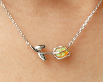 Dainty Orange Tulip Necklace, Opal Charm, Yellow for Happiness, Encased Petal, Minimal Jewelry, bridesmaid, Wedding Pendant, Her Gift