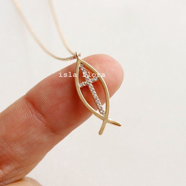Collier croix Ichthys en or 18 carats, symbole chrétien, croix intemporelle fidèle, détails fins, bijoux minimalistes, cadeau Bestie