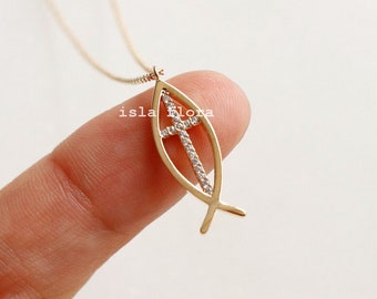 Studded Cross Ichthys Pendant Necklace, Christian Symbol, Faithful Dainty Cross, Fine Detail, Minimalist Jewelry, Bestie Her Gift