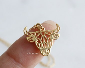 14k Gold Dipped Bull Mosaic Cutout Pendant Necklace, Majestic Bullhead Jewelry, Fine Detail, Delicate, Minimalist, Dainty Gift