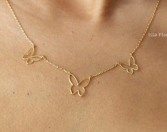 Aesthetic Butterfly Cutout Station Necklace, Gold Wire Thin Outline, Triple Butterflies Stacking, Minimalist, Dainty Bridesmaid Her Gift