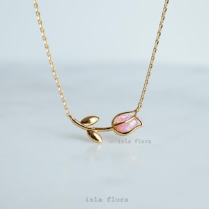 Love with Meaning Pink Opal Tulip Petal Outline Necklace, Aesthetic, Simple, Dainty Gold, Minimal Jewelry, bridesmaid, Delicate, Her Gift