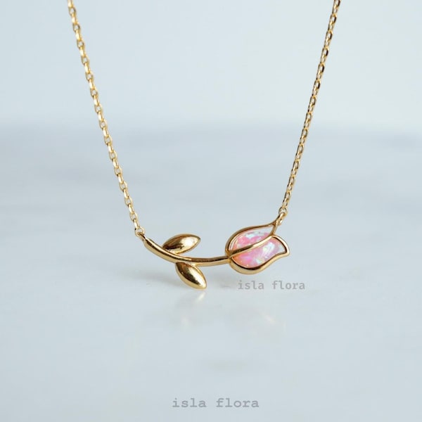 Love with Meaning Pink Opal Tulip Petal Outline Necklace, Aesthetic, Simple, Dainty Gold, Minimal Jewelry, bridesmaid, Delicate, Her Gift