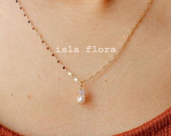 Dainty Moon Opal and Pearl Charm Necklace, Tiny Vertical Drop Pendant, Gold Plated Nugget Chain, Minimalist Jewelry, bridesmaid Gift