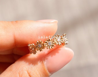 Scattered Sunflower Ring, Dainty All Over Gold, Silver, Mini Flowers, Fine Detailed, Adjustable Size, Silver, Minimalist, Delicate Her Gift