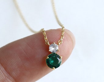 Green Crystal Duo Drop Charm, May Birthstone Emerald Gem Pendant Necklace, Delicate Fine Minimalist Jewelry Bridesmaid Gift
