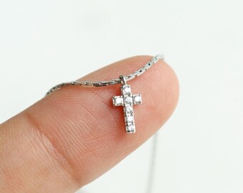 Tiny Crystal Paved Cross Necklace, Modern Symbol of Faith, Dainty, Small Delicate, Aesthetic, Minimalist Jewelry, Christian, Bridesmaid Gift
