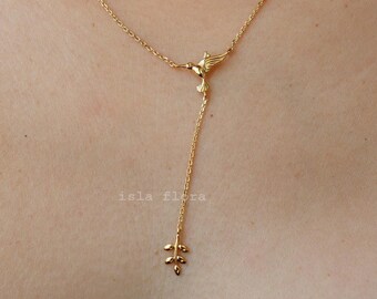 Realistic Hummingbird Lariat Y Necklace, Dainty and Bold, Gold Silver Small Bird, Peaceful Leaf Minimalist Jewelry, Bridesmaid, Gift for Her