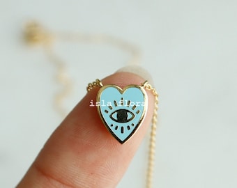 Eye in Heart Loyalty Necklace, Dainty Retro, Minimalist Jewelry, Pink Aqua Colorful Gold Dipped Evil Eye, Bridesmaid Bestie Valentine Gift