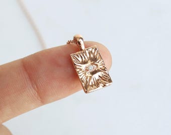 Dainty Tiny Eye in Textured Tag Necklace, Rose Gold Ward off Evil Charm, Cubic, Cute Pendant, Minimalist, Layering, Bestie Her Gift
