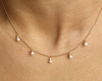 18k Gold Dipped Mini CZ Pearly Charms Chain Necklace, Dangling Pearls, Fine Detail, Minimalist Jewelry, Bridesmaid Gift, Coastal Layering