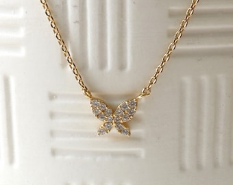 Dainty Crystal Paved Butterfly Charm Necklace, Studded, 18K Gold Plated Silver Chain, Dainty Minimalist Jewelry, bridesmaid Her Gift