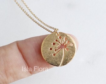 Dandelion Cutout Coin Necklace, Breezy Brushed Textured, Dainty Botanical Charm, Floral, Minimalist Jewelry, Bridesmaid Her Gift