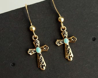 Mint Milky Enamel Western Cross Earrings, Gold Gothic Rustic Vintage Drop Hook, Cowgirl, Minimalist, Cowboy Bridesmaid Gift