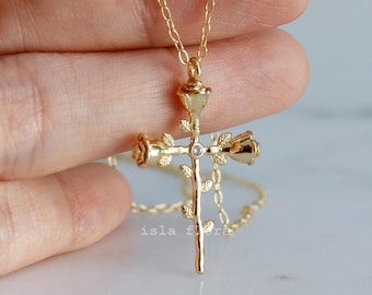 Beautiful Sacred Cross Pendant Necklace, Realistic Regency Rose, Fine Minimalist Jewelry, Faith Necklace, Gold Plated Delicate Catholic Gift