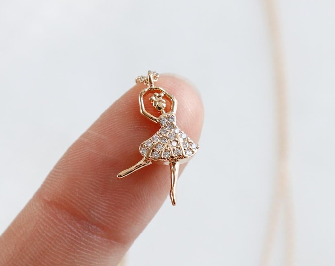 Dancer Ballerina Paved Pendant Necklace, Dance Position Elegant, Fine Delicate, Minimal Jewelry, Daughter, Dance School, Holiday Gift