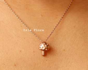 Dainty Spotted Mushroom Necklace, Mini Shroom Funky Y2K, Pink Gold Plated, Cute Round Minimal Jewelry, Layering Festive Mothers Gift