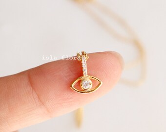 Rhinestone Studs Tiny Protective Eye Amulet Necklace, Dainty Nazar, Delicate Gold Dipped, Minimalist Jewelry Bridesmaid Graduation Gift