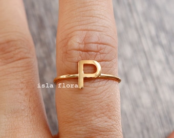 Letter P Initial Ring, Dainty Solid Letter 18K Gold Dipped, Mini Alphabet, Fine Detailed, Adjustable Size, Fashion, Minimalist, Bestie Gift