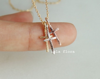 Tiny Triple Simple Cross Necklace, Dainty Gold Dipped Multi Color, Dangle Crosses, Minimalist Jewelry, Christening, Bridesmaid Grad Gift