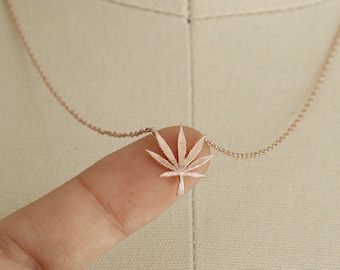 Brushed Hemp Leaf Pendant Necklace, Rose Gold Plated, 420 MJ, Dainty Minimalist Jewelry, Marijuana Leaf, Festival Her Gift