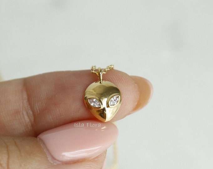 Alien Head Crystal Almond Eyes Pendant Necklace, Gold Plated Dainty Minimalist, Layering, Boho Jewelry, UFO Vibes, Y2K Festival Gift