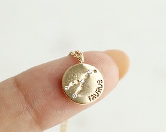 Taurus Zodiac Constellation Crystal Gem Paved Stamped Coin Necklace, Dainty 18k Gold Dipped, Minimalist Jewelry, birthday Gift