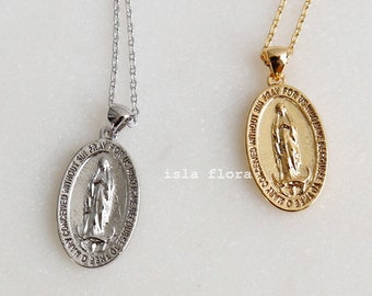 Divine Mary Oval Necklace, Gold Dipped Saint Medal, Silver Virgin Mary Pendant Miraculous Conception, Minimalist Jewelry, Dainty Faith Gift