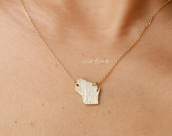 Brushed Texture Wisconsin State Pendant Necklace, Badger State Pride, Fine Delicate, Gold Minimalist Jewelry, Dainty Necklace Charm Gift