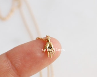 Dainty Eye in Palm Hand Necklace, Tiny Gold Dipped, Silver Ward off Evil Charm, Realistic Hand Pendant, Minimalist, Layering, Bestie Gift