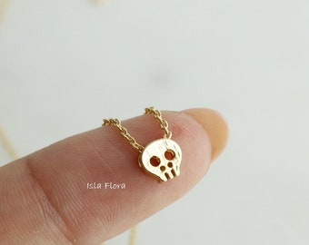 Dainty Micro Skull Charm Necklace, 18K Gold Dipped, Punisher, Calavera, Dia De Los Muertos, Minimalist Jewelry, Gothic Halloween Friend Gift