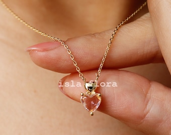 Two Hearts Double Dainty Pink Heart Charm Necklace, Tiny Crystal Pendant, Aesthetic Gold Plated Chain, Minimalist Jewelry, bridesmaid Gift