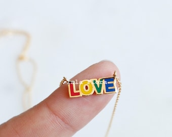 Love Enamel Block Pendant Necklace, Multi Color, Dainty Word Love Minimalist Jewelry, Pride, bridesmaid Bestie Gift