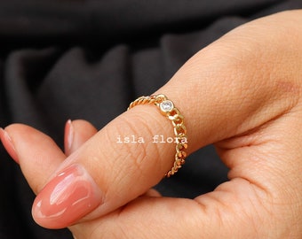 Curb Chain Ring, Single Crystal Gold Dipped Silver Yarn Ring, Stackable, Aesthetic, Fine Detailed, Minimalist, Delicate Her Gift