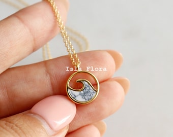 White Howlite Wave Coin Pendant Necklace, Dainty Gold Plated, See Through Jewelry, Detailed, Delicate, Minimalist Jewelry, bridesmaid Gift