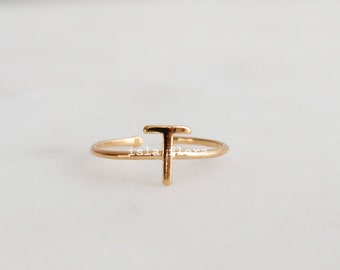 T Letter t Initial Ring, Dainty Solid Letter 18K Gold Dipped, Mini Alphabet, Fine Detailed, Adjustable, Fashion, Minimalist, Bestie Gift