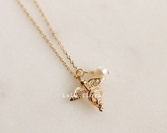 Medical Caduceus Necklace with Dangling Pearl Charm, Nurse Healthcare, First Responder, Gold Silver, Minimalist Jewelry, bridesmaid Gift Her
