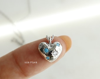 Y2K Retro Star Dainty Heart Pendant Necklace with Crystal Turquoise Pave Jewelry, Scattered Stud, Silver, Minimalist Charm, Bridesmaid Gift