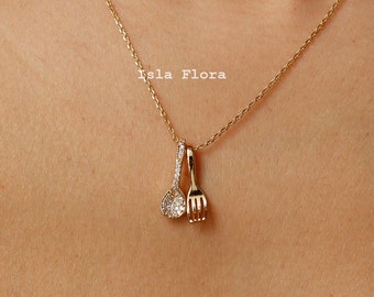 Dainty Spoon & Fork Necklace, Crystal CZ Paved Utensils Charm, Culinary Foodie, Minimalist Jewelry, Gold Silver Food Lovers Chef Gift