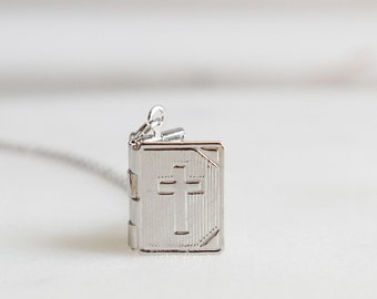 Silver Bible Locket Necklace, Rhodium Dipped, Bible Pendant, Book of God Perfect Faith Charm, Dainty Minimalist, Confirmation Friend Gift