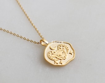 Aries Zodiac Emboss Stamped Uneven Coin Necklace, Dainty 18k Gold Dipped, Ram Stars Minimalist Jewelry, birthday Gift