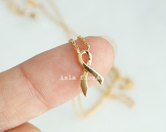 Small Ribbon, Hope Faith Pendant Necklace, Inspirational, cancer awareness, Delicate Fine Detail Jewelry , Minimalist, Layering Gift