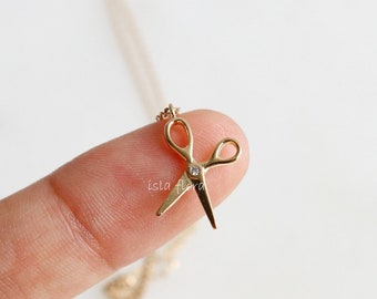 Realistic Scissor Pendant Necklace, Cubic Zirconia Gold Plated, Silver Hair Stylist Charm, Dainty Minimalist Jewelry Layering Gift