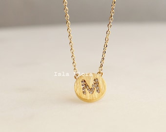 Tiny Initial M Disc Necklace, Studded Letter Embossed in 18k Gold Dipped Brushed Circle Pendant, Dainty CZ Jewelry, bridesmaid Bestie Gift