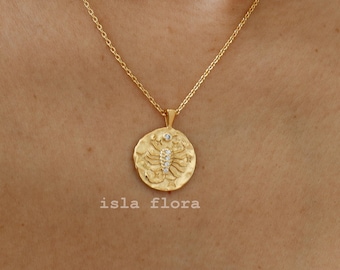 Scorpio Zodiac Crystal Gem Paved Stamped Coin Necklace, Melted Texture Pendant, Dainty 18k Gold Dipped, Minimalist Jewelry, birthday Gift