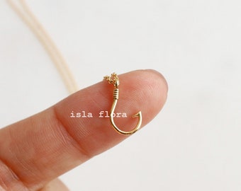 Tiny Fishing Hook Pendant Necklace, Gold Plated Fisherman Charm, Dainty Minimalist Jewelry, Layering, Captain, Coastal Friend Gift